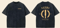 Black washed tee front and back mockups, gold Zen-Wu chisel print and a sample name
