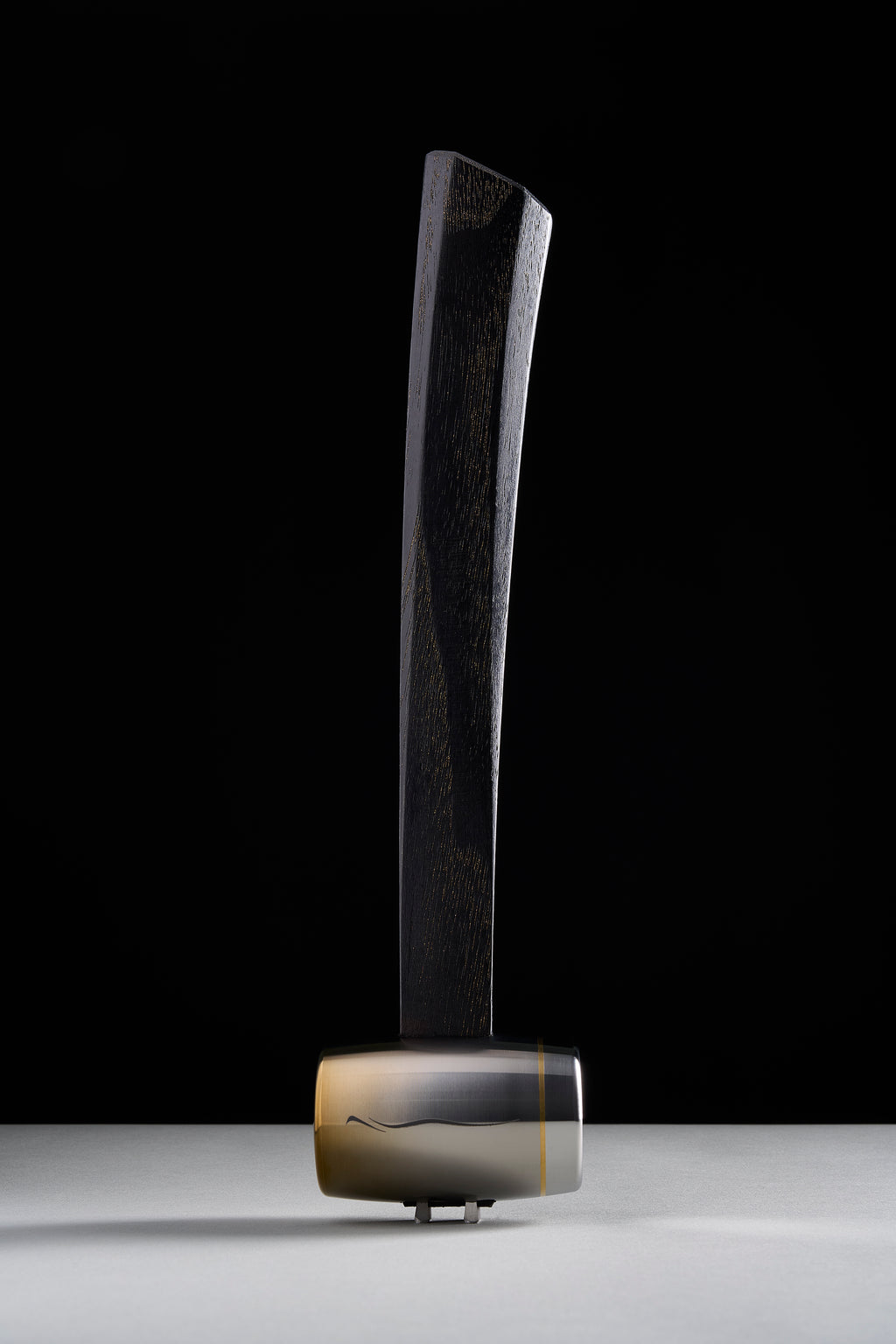 F-4 hammer in brushed titanium with brass ring at the face seam, curved dyed hickory handle