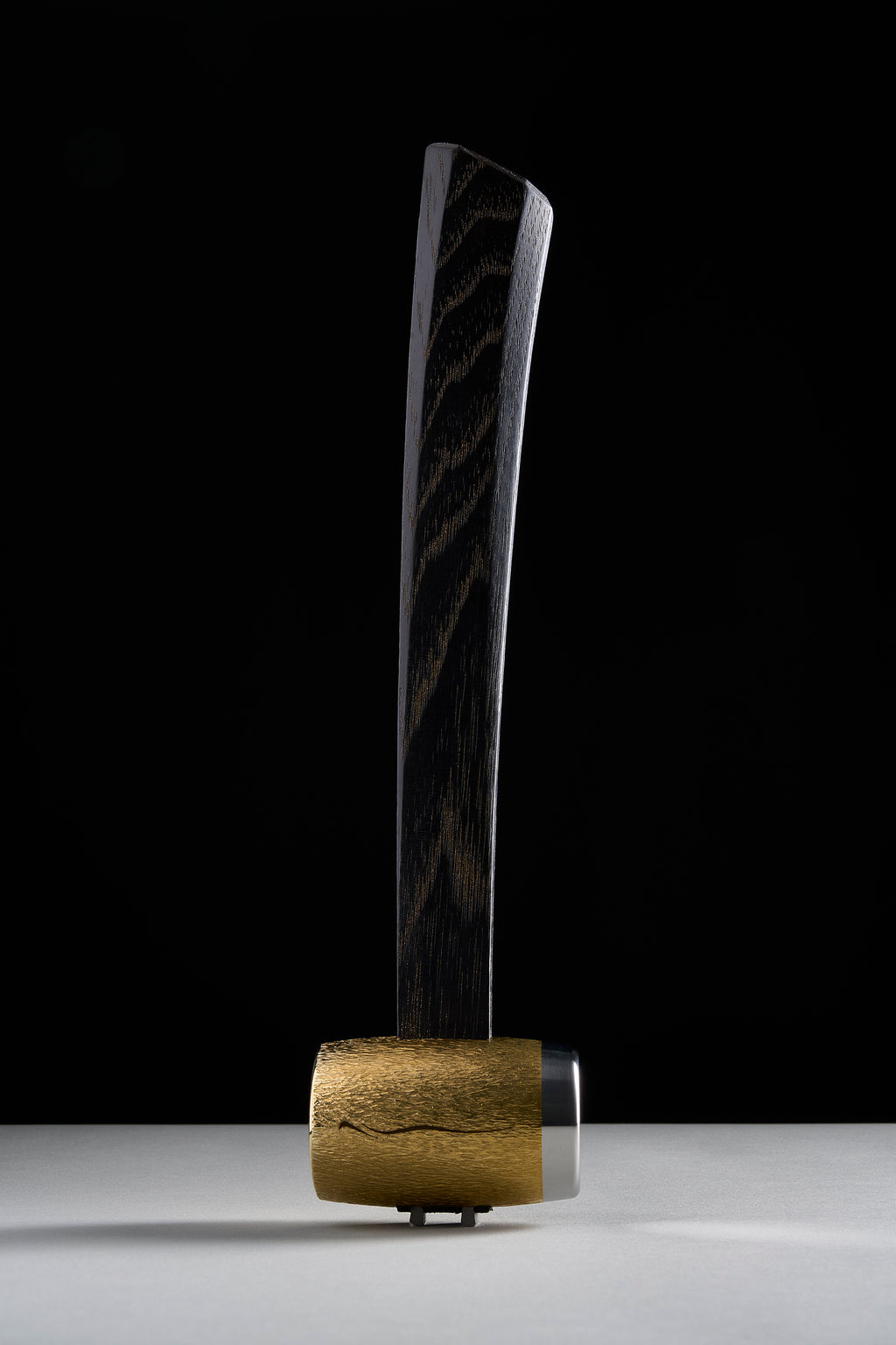 F-4 hammer with hand-carved brass head, bright steel face band, dyed hickory handle