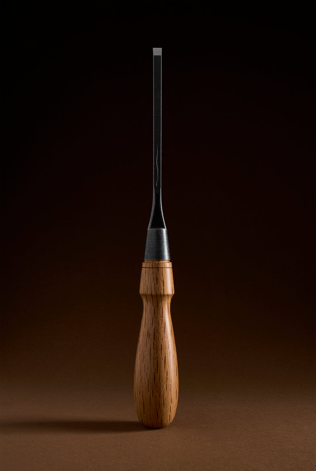 Narrow bench chisel on end with the polished bevel catching the light at the tip