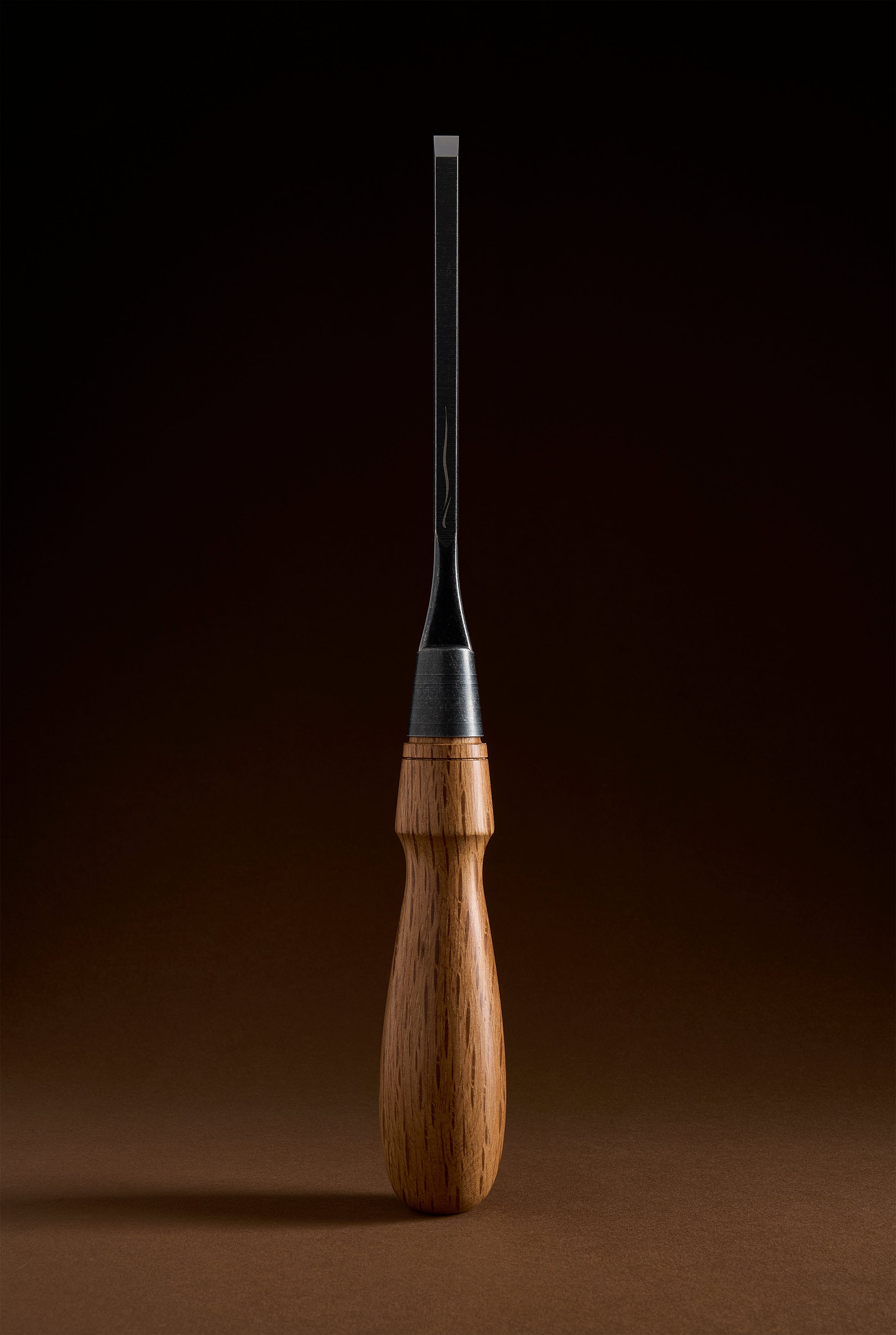 Narrow bench chisel on end with the polished bevel catching the light at the tip