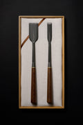 Zen-Wu DC-1 paring chisels, wide and narrow, titanium necks and jatoba handles, laid on linen in an open bamboo box